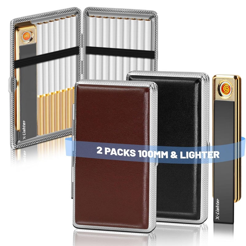 x-lighter 2 Pack of Cigarette Case with Lighter for 100's King Size, Retro PU Leather 100mm Vintage Cigarettes Cases for Men Women Gifts (Black + Brown) - Image 1